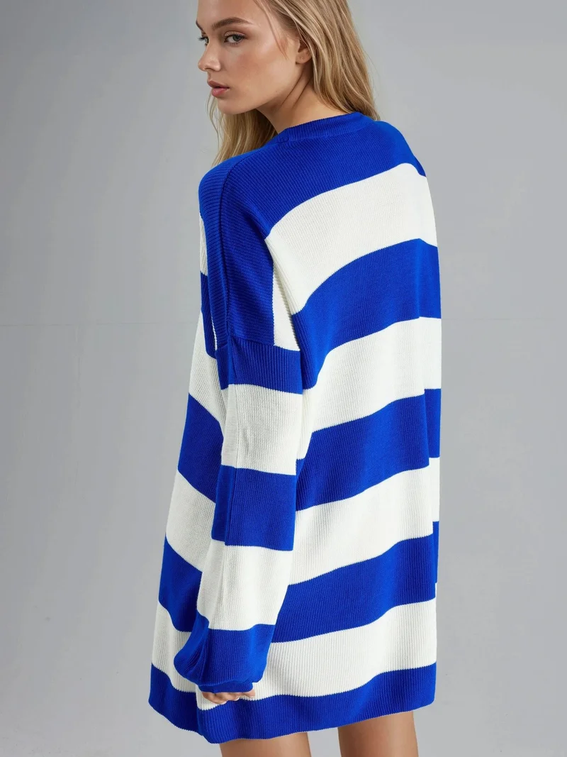 MY FASHION Cobalt Blue MY FASHION Striped Mini Dress with Crew Neck for Women | Best Price UAE